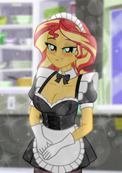 Size: 1000x1415 | Tagged: safe, artist:emeraldblast63, derpibooru import, sunset shimmer, human, equestria girls, g4, blushing, breasts, cleavage, clothes, female, indoors, maid, solo, sparkles, stupid sexy sunset shimmer, sunset jiggler