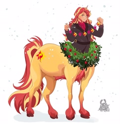 Size: 1979x2048 | Tagged: safe, artist:inkrred, derpibooru import, sunset shimmer, centaur, human, taur, g4, centaur sunset, centaurified, christmas wreath, clothes, horn, horned centaur, horned humanization, humanized, jacket, lidded eyes, looking at you, signature, simple background, smiling, smiling at you, solo, species swap, sunset shimmer's cutie mark, twilight sparkle's cutie mark, white background, wreath