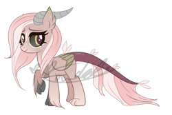 Size: 827x552 | Tagged: safe, artist:ipandacakes, derpibooru import, oc, oc only, oc:bunny slipper, draconequus, hybrid, pegasus, pony, au:mewverse next gen -side 2nd-, black sclera, cloven hooves, facial markings, golden eyes, horns, interspecies offspring, long hair, next generation, offspring, parent:discord, parent:fluttershy, parents:discoshy, paws, pink mane, signature, simple background, smiling, solo, transparent background, wings