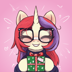 Size: 3000x3000 | Tagged: safe, artist:t72b, derpibooru import, moondancer, pony, unicorn, g4, (you), alternate hairstyle, blush lines, blushing, clothes, cute, daaaaaaaaaaaw, dancerbetes, eyes closed, female, glasses, gradient background, grin, heart, hoof hold, horn, mane down, mare, messy mane, nervous, present, ribbon, smiling, smiling at you, solo, sweater