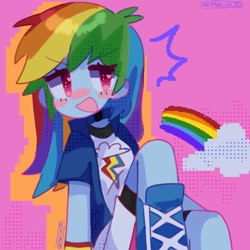 Size: 1280x1280 | Tagged: safe, artist:mari_uu00, derpibooru import, rainbow dash, human, equestria girls, g4, blushing, boots, clothes, cloud, compression shorts, cute, dashabetes, female, heart, heart eyes, jacket, looking at you, open mouth, open smile, rainbow, screentone, shoes, signature, sitting, skirt, smiling, smiling at you, solo, wingding eyes