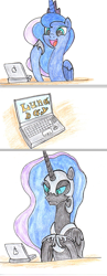 Size: 701x1800 | Tagged: safe, artist:fleximusprime, derpibooru import, nightmare moon, princess luna, alicorn, pony, g4, computer, laptop computer, luna day, simple background, traditional art, unamused, white background