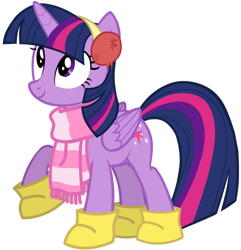 Size: 828x859 | Tagged: safe, artist:zslnews, derpibooru import, twilight sparkle, twilight sparkle (alicorn), alicorn, pony, g4, boots, clothes, earmuffs, female, looking up, mare, raised hoof, raised leg, scarf, shoes, simple background, solo, transparent background, vector, winter outfit