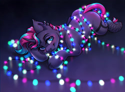 Size: 2934x2167 | Tagged: safe, artist:amishy, derpibooru import, oc, oc only, oc:synthie glitch, bat pony, hybrid, pony, unicorn, bat pony oc, bat pony unicorn, blue eyes, blushing, christmas, christmas lights, clothes, cute, cute little fangs, ear piercing, earring, fangs, female, fishnet clothing, fishnet stockings, garters, holiday, horn, jewelry, lying down, mare, multicolored hair, multicolored mane, multicolored tail, piercing, prone, smiling, solo, stockings, tail, thigh garters, thigh highs, unicorn oc