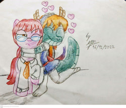 Size: 1920x1644 | Tagged: safe, artist:mao2018, derpibooru import, dragon, earth pony, pony, clothes, dragonified, duo, heart, hug, kobayashi-san chi no maid dragon, ponified, signature, simple background, species swap, tohru, traditional art, varying degrees of want, white background