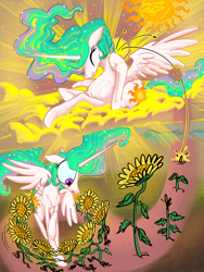 Size: 3000x4000 | Tagged: safe, artist:ja0822ck, derpibooru import, princess celestia, alicorn, pony, g4, dancing, female, flower, mare, origin story, scratching, sun, sunflower