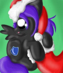 Size: 900x1042 | Tagged: safe, artist:alexlayer, artist:spectralpony, artist:yokoulythryian, derpibooru import, oc, oc:nyx, alicorn, pony, alicorn oc, christmas, christmas stocking, contest entry, cutie mark, female, female oc, filly, filly oc, foal, gradient background, green background, hat, hidden horn, holiday, horn, normal eyes, santa hat, simple background, solo, spread wings, wings