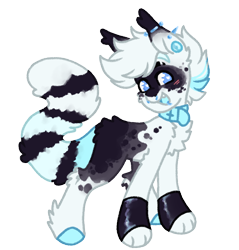 Size: 1000x1046 | Tagged: safe, artist:kazmuun, derpibooru import, oc, oc only, earth pony, hybrid, pony, raccoon, raccoon pony, tanooki, blue eyes, blue hooves, blue tongue, blush lines, blushing, butt fluff, cheek fluff, chest fluff, chibi, clothes, coat markings, collar, colored hooves, colored tongue, commission, ear piercing, ear tufts, earring, earth pony oc, eyebrow slit, eyebrows, facial markings, fluffy tail, gauges, head turn, hooves, hybrid oc, industrial piercing, jewelry, leg fluff, leg markings, lip piercing, looking away, male, male oc, mask (coat marking), nose piercing, open mouth, open smile, paws, piercing, raccoon tail, septum piercing, smiling, socks, solo, stallion, stallion oc, striped tail, tail, tanuki pony, thin, three toned tail, toeless legwear, toeless socks, two toned hair, two toned mane, white coat, white fur, white hair, white mane, white pupils