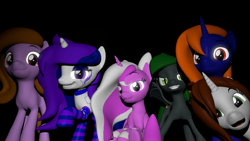 Size: 1251x706 | Tagged: safe, anonymous artist, derpibooru import, oc, oc only, oc:cherry blossom, oc:heart taker, oc:mill, oc:starry, oc:stone, bat pony, pony, 3d, bat pony oc, clothes, female, group photo, happy, looking at you, male, mare, socks, source filmmaker, straight