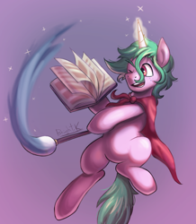 Size: 2204x2525 | Tagged: safe, artist:bkiltersot, derpibooru import, oc, oc only, oc:apex shambles, unicorn, belly, book, brush, cape, clothes, commission, glowing, glowing horn, gradient background, green hair, horn, magic, male, male oc, one eye closed, solo, sparkles, stallion, unicorn oc, wink