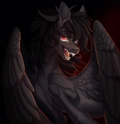 Size: 3860x4000 | Tagged: safe, artist:meggychocolatka, derpibooru import, oc, oc only, pegasus, pony, colored, depth of field, eyebrows, eyelashes, fangs, gradient background, head turn, lacrimal caruncle, large wings, open mouth, partially open wings, pegasus oc, shading, sharp teeth, slender, solo, teeth, thin, wings