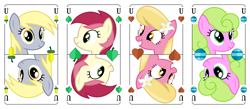 Size: 3200x1400 | Tagged: safe, artist:parclytaxel, derpibooru import, daisy, derpy hooves, flower wishes, lily, lily valley, roseluck, earth pony, pegasus, pony, series:parcly's pony pattern playing cards, g4, acorn, bell, bust, daisy bell, female, flower, flower in hair, flower trio, german, grin, heart, leaf, looking at you, mare, playing card, portrait, pun, rotational symmetry, smiling, smiling at you, underp, vector