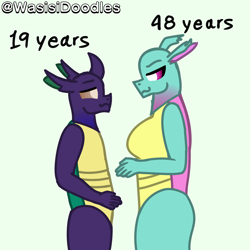 Size: 4500x4500 | Tagged: safe, artist:alejandrogmj, artist:wasisi, derpibooru import, spiracle, oc, oc:wasisi, anthro, changedling, changeling, pony, g4, 1000 hours in ms paint, age difference, canon x oc, changedling oc, changeling oc, green background, ponified, simple background, species swap