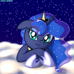 Size: 2000x2000 | Tagged: safe, artist:codenamekid, derpibooru import, princess luna, alicorn, pony, g4, cloud, crossed hooves, crown, dark blue background, ears, ethereal mane, eyelashes, eyeshadow, female, floppy ears, highlights, hoof shoes, horn, jewelry, looking at you, makeup, mare, my little pony: friendship is magic, night, night background, outdoors, regalia, shading, shadow, simple background, sky background, smiling, smiling at you, solo, starry mane, stars