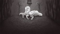 Size: 1920x1080 | Tagged: safe, alternate version, artist:4as, derpibooru import, princess celestia, alicorn, pony, g4, bags under eyes, black and white, dungeon, female, grayscale, indoors, lying down, mare, monochrome, prone, shackles, slay the princess, solo