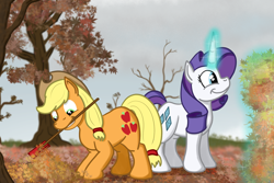 Size: 1800x1200 | Tagged: safe, artist:hoofclid, derpibooru import, applejack, rarity, earth pony, pony, unicorn, g4, autumn, duo, duo female, female, glowing, glowing horn, horn, leaves, levitation, magic, mare, mouth hold, outdoors, rake, telekinesis