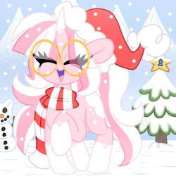 Size: 2000x2000 | Tagged: safe, artist:ladylullabystar, derpibooru import, oc, oc:lady lullaby star, pony, unicorn, christmas, clothes, female, glasses, hat, holiday, horn, mare, outdoors, santa hat, scarf, snow, solo, tree