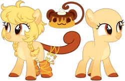 Size: 1912x1244 | Tagged: safe, artist:strawberry-spritz, derpibooru import, oc, oc:golden purin, earth pony, hybrid, monkey, pony, ahoge, augmented, augmented tail, bangs, base used, beige coat, blonde, blonde mane, braid, braided pigtails, brown hooves, brown pupils, brown tail, bu-ling huang (tokyo mew mew), clothes, coat markings, colored belly, colored ear fluff, colored ears, colored hooves, colored pupils, colored tail, commission, cream coat, ear fluff, ears, eyelashes, facial markings, female, filly, foal, hair tie, hooves, kinsona, leg warmers, long mane, long tail, mane tie, monkey pony, monkey tail, orange eyes, pale belly, pigtails, simple background, smiling, snip (coat marking), solo, standing, strings, tail, tail accessory, thick tail, three toned ears, tied mane, tokyo mew mew, transparent background, yellow coat