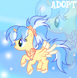 Size: 1280x1290 | Tagged: safe, artist:vi45, derpibooru import, oc, oc only, alicorn, pony, adoptable, alicorn oc, base used, blank flank, blue eyes, blue mane, blue tail, colored hooves, colored wings, colored wingtips, cream hooves, cream wingtips, eyelashes, female, female oc, flying, gradient background, headpiece, hooves, horn, mare, mare oc, peytral, ponytail, profile, smiling, solo, spiky mane, spiky tail, spread wings, tail, three toned mane, three toned tail, tied mane, two toned wings, unicorn horn, unshorn fetlocks, wings, yellow coat, zoom layer