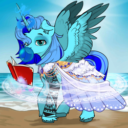 Size: 1024x1024 | Tagged: safe, derpibooru import, oc, oc only, alicorn, pony, avatar maker fantasy pony, blue eyes, blue mane, blue skin, blue tail, book, bubblegum, clothes, food, glowing, glowing horn, gum, horn, magic, magic circle, mare oc, ocean, outdoors, spread wings, tail, two toned mane, two toned tail, water, wings