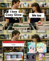 Size: 826x1024 | Tagged: safe, derpibooru import, cozy glow, human, pegasus, pony, g4, female, filly, foal, indoors, irl, irl human, meme, photo