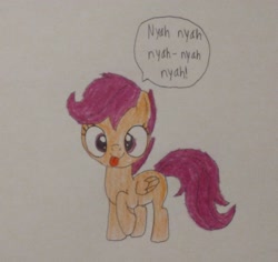 Size: 2433x2294 | Tagged: safe, anonymous artist, derpibooru exclusive, derpibooru import, scootaloo, pony, g4, 2024, blank flank, cross-eyed, female, filly, foal, funny, hilarious, nyah, raised hoof, raised leg, silly, simple background, solo, taunt, taunting, teasing, tongue, tongue out, traditional art, white background