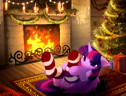 Size: 4504x3436 | Tagged: safe, artist:empress-twilight, derpibooru import, twilight sparkle, twilight sparkle (alicorn), alicorn, pony, g4, bangs, butt, butt fluff, candle, cheek fluff, christmas, christmas decoration, christmas presents, christmas tree, clothes, commission, detailed background, dock, dock fluff, ear fluff, ears, eye clipping through hair, eyebrows, eyebrows visible through hair, female, fireplace, floppy ears, fluffy, folded wings, hearth's warming, high res, hock fluff, holding hoof, holiday, horn, indoors, lidded eyes, looking at you, lying down, mare, my little pony: friendship is magic, on back, plot, present, purple coat, purple eyes, rug, shiny mane, shiny tail, signature, smiling, smiling at you, socks, solo, straight mane, straight tail, striped socks, tail, three quarter view, three toned mane, three toned tail, tongue, tongue out, tree, twibutt, underhoof, unicorn horn, wing fluff, wings, wreath, ych result