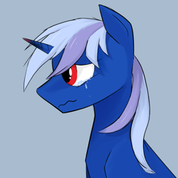 Size: 1080x1080 | Tagged: safe, artist:migesanwu, derpibooru import, oc, oc only, oc:darknight gleam, pony, unicorn, blue background, burnt, bust, crying, horn, male, portrait, red eyes, sad, side view, simple background, solo