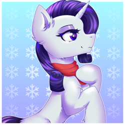 Size: 3000x3000 | Tagged: safe, artist:divori, derpibooru import, rarity, pony, unicorn, g4, bipedal, chest fluff, clothes, ear fluff, ears, female, fluffy, gradient background, high res, horn, mare, passepartout, patterned background, rearing, scarf, solo