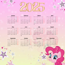 Size: 2744x2706 | Tagged: safe, artist:saltyvity, derpibooru import, edit, pinkie pie, earth pony, pony, g4, 2025, blue eyes, calendar, female, gradient background, happy, holiday, looking at you, mare, pink hair, smiling, smiling at you, solo, sparkles, stars