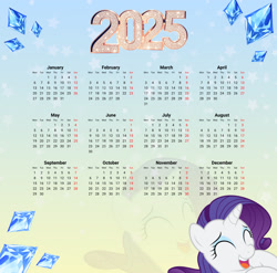 Size: 2744x2706 | Tagged: safe, artist:saltyvity, derpibooru import, edit, rarity, pony, unicorn, g4, 2025, ^^, blue eyes, calendar, diamond, eyes closed, female, gradient background, happy, happy new year, holiday, horn, makeup, mare, purple hair, smiling, solo, sparkles, stars, zoom layer