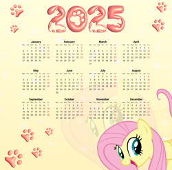 Size: 2744x2706 | Tagged: safe, artist:saltyvity, derpibooru import, edit, fluttershy, pegasus, pony, g4, 2025, calendar, cute, female, green eyes, happy, happy new year, holiday, mare, paws, pink hair, simple background, smiling, solo, stars, zoom layer