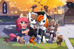 Size: 2800x1866 | Tagged: safe, artist:猞塔, derpibooru import, oc, oc only, oc:felix gulfstream, oc:文汐, oc:斑仔, earth pony, pegasus, unicorn, brothers, building, business suit, clothes, cousins, dress, female, gown, graduation, graduation cap, hat, horn, male, outdoors, siblings