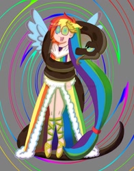 Size: 1002x1280 | Tagged: safe, artist:daphflocon, derpibooru import, rainbow dash, human, snake, clothes, coils, cute, dashabetes, dress, duo, female, forked tongue, gala dress, human female, hypno dash, hypno eyes, hypnosis, hypnotized, kaa, kaa eyes, male, open mouth, open smile, rainbow dash always dresses in style, smiling, spread wings, wings