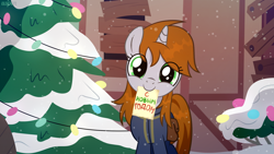 Size: 1920x1080 | Tagged: safe, artist:uspen, derpibooru import, oc, oc only, oc:littlepip, pony, unicorn, fallout equestria, bag, board, christmas, christmas tree, clothes, cyrillic, door, female, garland, green eyes, happy new year, holiday, horn, looking at you, mare, outdoors, overalls, paper, russian, smiling, smiling at you, snow, snowflake, solo, text, translated in the comments, tree, window, wood