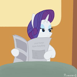 Size: 1100x1100 | Tagged: safe, artist:powman101, derpibooru import, rarity, oc, oc:anon, pony, unicorn, g4, ponyville confidential, female, horn, implied facehoof, mare, my little pony: friendship is magic, newspaper, reading, scene interpretation