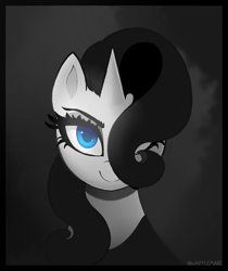 Size: 1227x1460 | Tagged: safe, artist:waffletheheadmare, derpibooru import, rarity, pony, unicorn, g4, blue eyes, bust, dim light, hair over one eye, horn, limited palette, looking at you, one eye covered, portrait, smiling