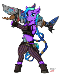 Size: 982x1163 | Tagged: safe, artist:nismorose, derpibooru import, oc, oc:moonstruck, pony, arcane, belt, bipedal, boots, braid, braided ponytail, braided tail, braiding, cheek fluff, clothes, crossover, ear fluff, ears, freckles, gun, jinx (league of legends), league of legends, looking at you, pants, ponified, ponytail, rocket launcher, shoes, shoulder fluff, signature, simple background, solo, species swap, tail, tanktop, tattoo, transparent background, weapon