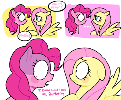 Size: 1723x1430 | Tagged: safe, artist:doodlesinky, derpibooru import, fluttershy, pinkie pie, earth pony, pegasus, pony, g4, alrighty then, comic, duo, i know what you are, threatening