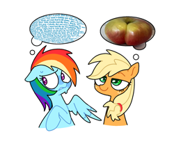 Size: 1723x1430 | Tagged: safe, artist:doodlesinky, derpibooru import, applejack, rainbow dash, earth pony, pegasus, pony, g4, anxiety, apple, appledash, duo, ears back, female, food, lesbian, mare, shipping, silly, that pony sure does love apples, thinking, thought bubble