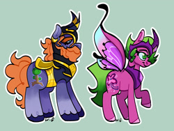 Size: 2000x1500 | Tagged: safe, artist:wgostosos, derpibooru import, pony, andrew spinks, armor, butterfly wings, cenx, duo, female, helmet, husband and wife, male, married couple, ponified, redigit, simple background, species swap, teal background, terraria, whitney spinks, wings