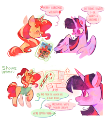 Size: 2148x2448 | Tagged: safe, artist:sockiepuppetry, derpibooru import, sunset shimmer, twilight sparkle, twilight sparkle (alicorn), alicorn, pony, unicorn, g4, candy, candy cane, christmas, duo, food, holiday, horn, shrek