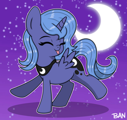 Size: 1808x1696 | Tagged: safe, artist:banquo0, derpibooru import, princess luna, alicorn, pony, g4, eyes closed, female, filly, foal, peytral, silly, silly filly, silly pony, solo, spread wings, tongue, tongue out, wings, woona, younger