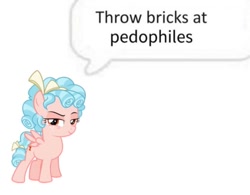 Size: 743x581 | Tagged: source needed, safe, derpibooru import, edit, cozy glow, pegasus, pony, g4, based, bow, caption, cozyposting, even evil has standards, female, filly, foal, freckles, hair bow, image macro, meme, pedophile, pedophilia, simple background, solo, speech bubble, text, white background