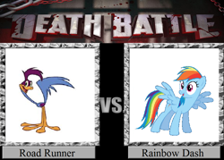 Size: 1008x720 | Tagged: safe, artist:jasonpictures, derpibooru import, edit, rainbow dash, bird, pegasus, pony, g4, 1000 hours in ms paint, death battle, exploitable meme, female, greater roadrunner, looney tunes, male, mare, meme, merrie melodies, road runner, roadrunner, the looney tunes show, vs