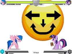 Size: 993x745 | Tagged: safe, artist:tom artista, derpibooru import, firefly, rainbow dash, twilight sparkle, pegasus, pony, unicorn, fighting is magic, g4, arrow, bipedal, book, creepy, emoji, expression, expressions, facial expressions, fan game, game screencap, horn, new, recolor, simple background, stage, strange, weird, white background