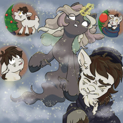 Size: 2000x2000 | Tagged: artist needed, safe, derpibooru import, oc, oc only, oc:gote, ghost, ghost pony, goat, pony, undead, unicorn, brown mane, cane, cape, christmas, christmas carol, christmas tree, clothes, colt, cute, ebenezer scrooge, eyelashes, flashback, foal, ghost of christmas past, glowing, glowing horn, golden eyes, hat, holiday, horn, in awe, magic, male, purple coat, scarf, shirt, snow, story included, top hat, tree, unshorn fetlocks, white eyes, youtube link