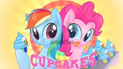 Size: 1600x900 | Tagged: safe, artist:mayhemtown, derpibooru import, pinkie pie, rainbow dash, earth pony, pegasus, pony, fanfic:cupcakes, g4, better without context, cupcake, cupcakes hd, cute, dashabetes, diapinkes, duo, duo female, female, food, here we go again, looking at each other, looking at someone, mare, rainbow, rainbow dash is best pony, remake, sisterly love, text, things are not like what they seem, this will end in death, this will end in pain, this will end in tears, title card, tray, upcoming, watermark, yummy