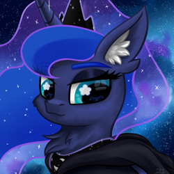 Size: 3000x3000 | Tagged: safe, artist:sunamoonmlp, derpibooru exclusive, derpibooru import, princess luna, alicorn, pony, g4, accessory, cheek fluff, chest fluff, clothes, colored ear fluff, colored eyebrows, cosmos, crown, cute, ear fluff, ears, ethereal mane, eyelashes, eyeshadow, female, hoodie, horn, jewelry, makeup, mare, night, outdoors, peytral, regalia, sky background, smiling, solo, space, starry mane, stars, wingding eyes, wings