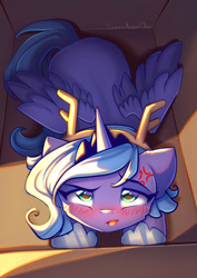 Size: 935x1323 | Tagged: safe, artist:chaosangeldesu, derpibooru import, princess luna, alicorn, g4, angry, blushing, box, crown, cute, female, jewelry, looking at you, mare, regalia, solo